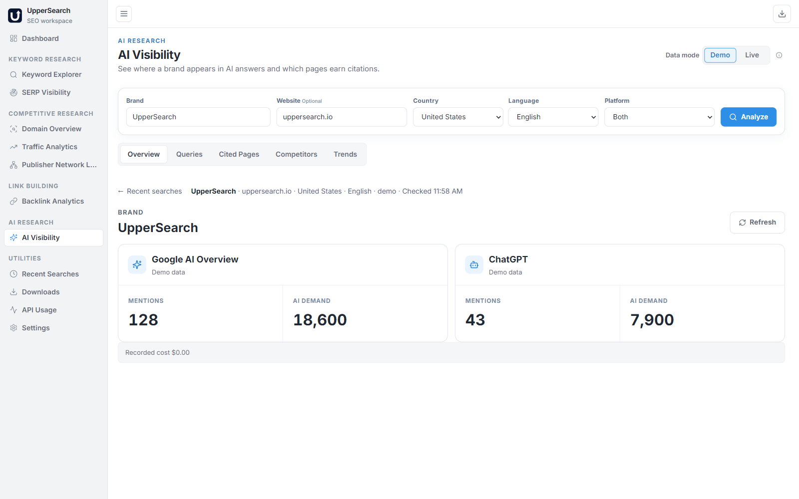UpperSearch AI Visibility Interface