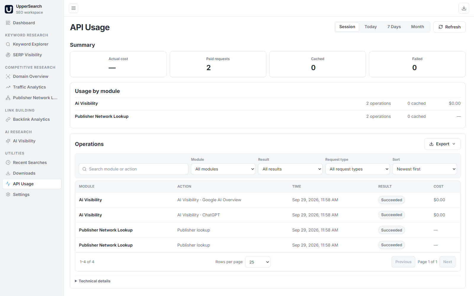 UpperSearch API Usage and Request Cost Log