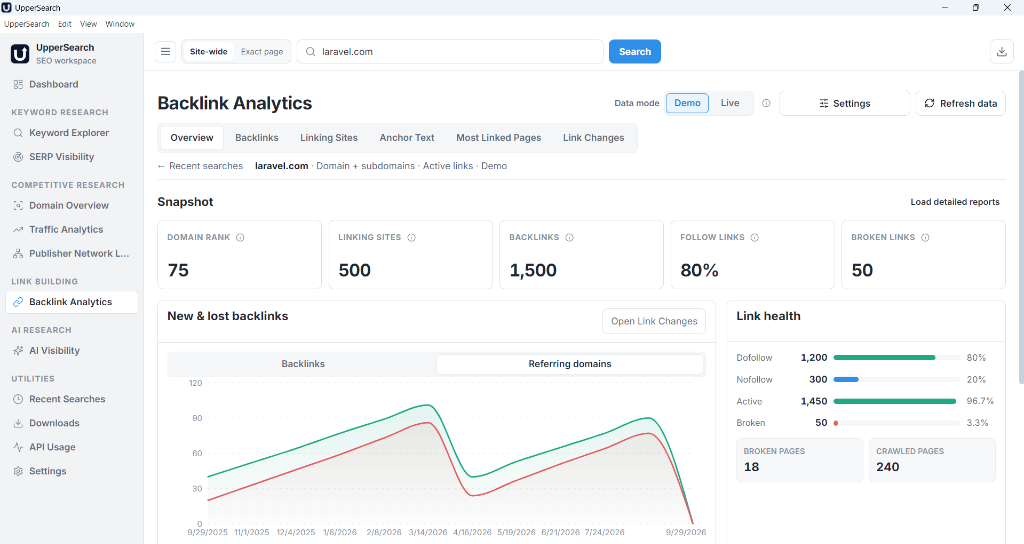 UpperSearch Backlink Analytics Interface