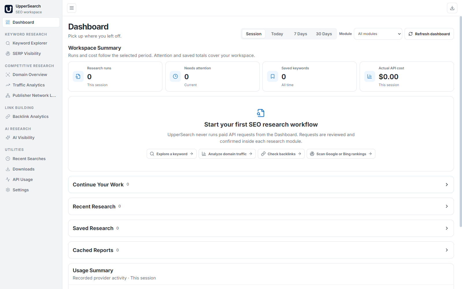 UpperSearch Desktop App Dashboard