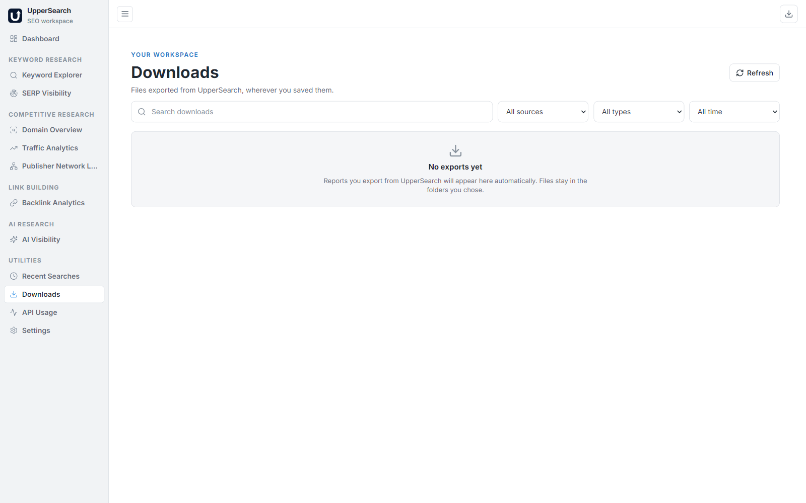 UpperSearch Downloads Interface