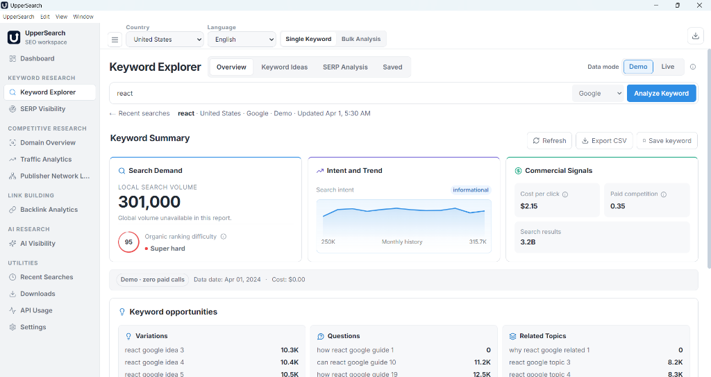 UpperSearch Keyword Explorer Interface