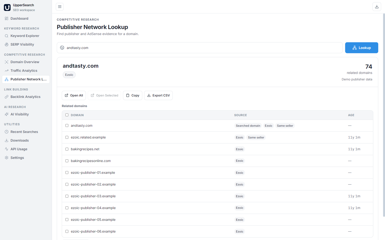 UpperSearch Publisher Network Lookup Interface