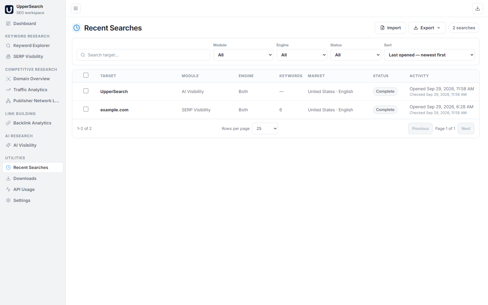 UpperSearch Recent Searches Interface