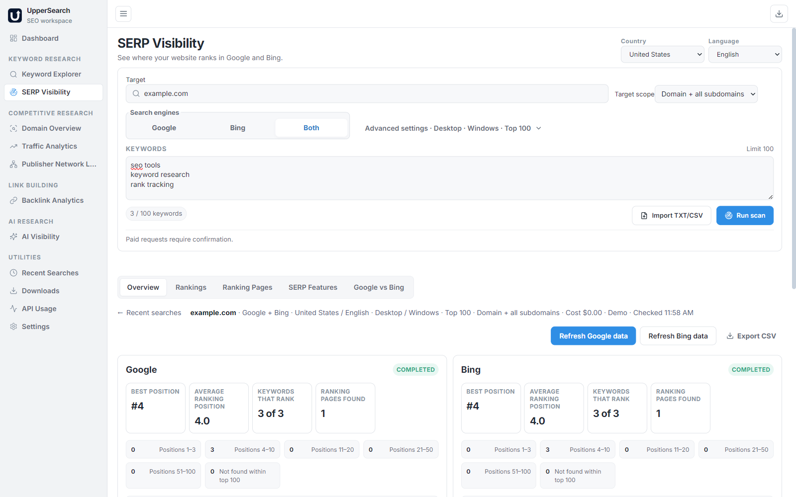 UpperSearch SERP Visibility Interface