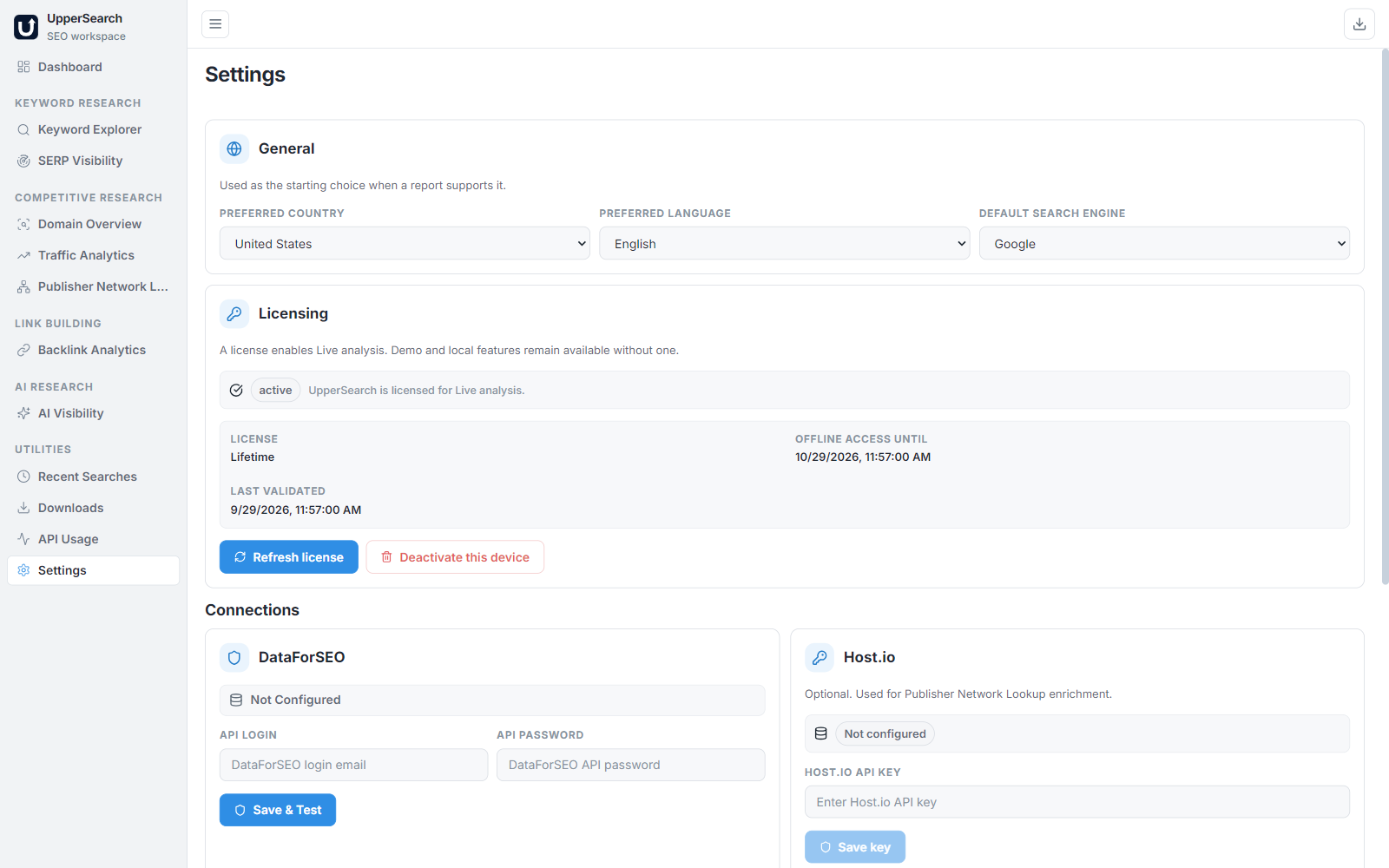 UpperSearch Settings Interface